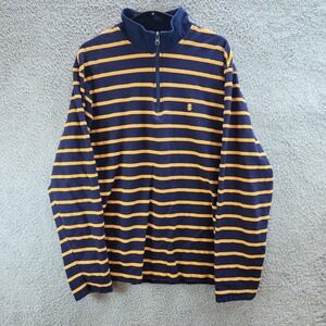 Izod Pullover Men's XL Yellow Blue‎ Striped 100% Cotton Logo Mock Neck 1/4 Zip